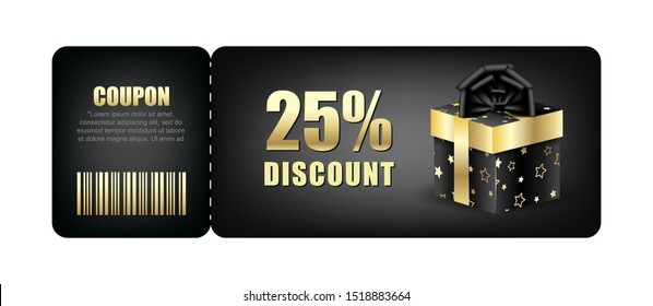 Discount coupon with festive packaging box. Christmas and New Year discounts. Vector background