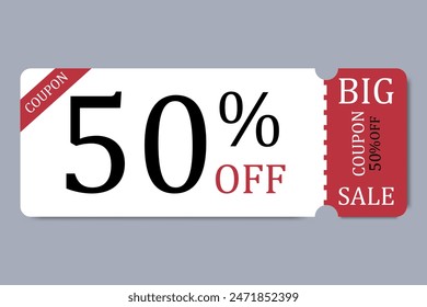 Discount coupon, gift voucher template with tear-off part. 50 percent discount white coupon mockup. Bright background design with sample information.