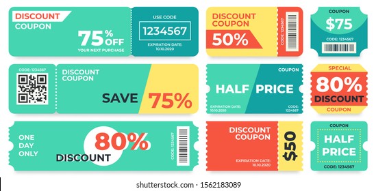 Discount coupon. Half price offer, promo code gift voucher and coupons template. Premium special price offers sale coupon or best promo retail pricing vouchers. Isolated vector icons set