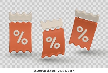 Discount Coupon Icon 3D Render Featuring Percentage Symbol on Red Paper Ticket with Torn Edges. Perfect for Sale, Promo, or Shopping Themes. Vector Illustration.