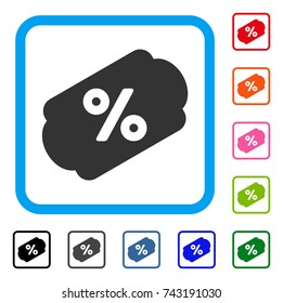 Discount Coupon icon. Flat gray iconic symbol in a light blue rounded rectangular frame. Black, gray, green, blue, red, orange color versions of Discount Coupon vector.