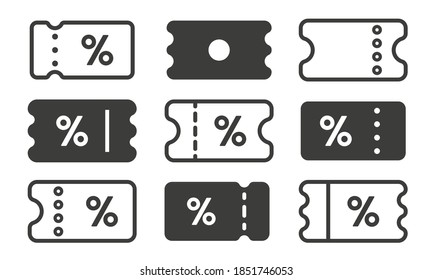 Discount coupon icon set. Black  signs of ticket with percent sign. Money-saving shopping concept vector illustration