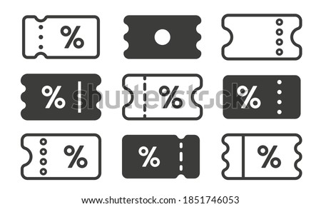 Discount coupon icon set. Black  signs of ticket with percent sign. Money-saving shopping concept vector illustration