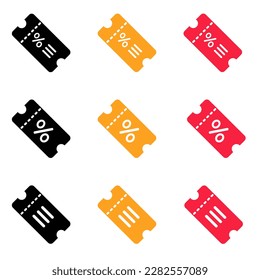 Juego de iconos de cupón de descuento. señales planas de la entrada con el signo del porcentaje. Ilustración vectorial de concepto de compra de ahorro de dinero. Iconos planos de cupón. conjunto de iconos de entrada.