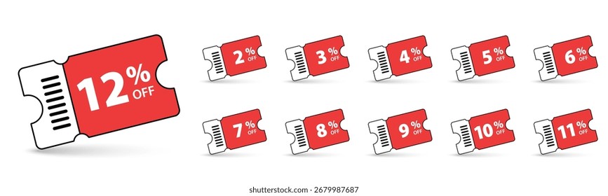 Ícone de cupom de desconto definido, bilhete de venda vermelho com números percentuais, voucher e cartão promocional para oferta especial marketing vetor ilustração.