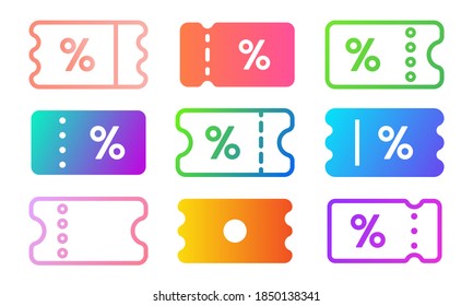 Discount coupon icon set. Trendy gradient color signs of ticket with percent sign. Money-saving shopping concept vector illustration