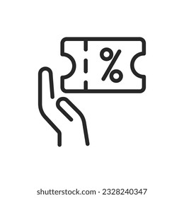 Discount Coupon Icon. Vector Linear Editable Sign of Hand with Rebate Voucher. Perfect for Retail Promotions, Consumer Incentives, and Economical Shopping Projects. Vector Illustration of Money Saving