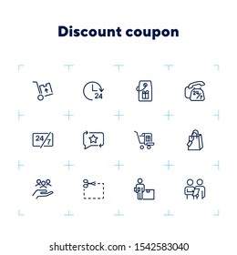 Discount coupon icons. Set of line icons on white background. Clock, coupon, delivery. Sale concept. Vector illustration can be used for topics like shopping, trading, special offers