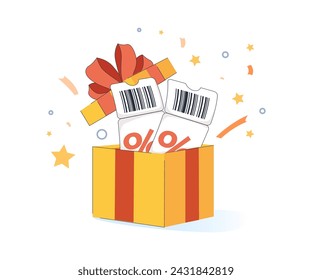 Discount coupon illustration, vector event ticket icon badge, gift box, special voucher concept. Holiday sale, lucky win surprise, benefit reward program offer, online shopping bonus. Flat coupon