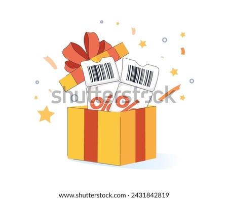 Discount coupon illustration, vector event ticket icon badge, gift box, special voucher concept. Holiday sale, lucky win surprise, benefit reward program offer, online shopping bonus. Flat coupon