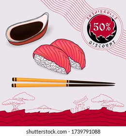 discount coupon japanese sushi with fresh salmon with soy sauce in a bowl with chopsticks on a light gray plate with a red stripe