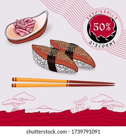discount coupon japanese sushi rice with eel and pickled ginger on a bowl with chopsticks on a light gray plate with a red stripe