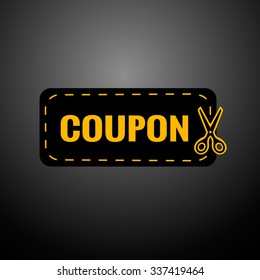 Discount coupon, label, tag scissors icon with yellow on a black background. Vector illustration EPS 10