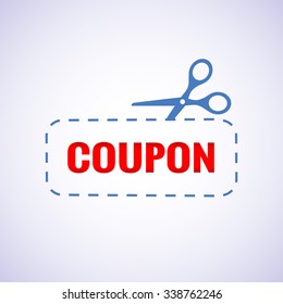 Discount coupon, label, tag with scissors blue icon red isolated on white background. Vector illustration EPS 10