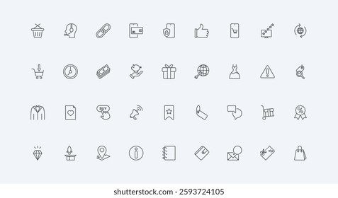 Discount coupon, label tag and wallet, mobile app for payment thin black outline symbol vector illustration. Online store, launch of sales rocket, customer support service line icon set