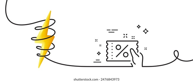 Discount coupon line icon. Continuous one line with curl. Sale offer sign. Promotion price symbol. Discount coupon single outline ribbon. Loop curve with energy. Vector