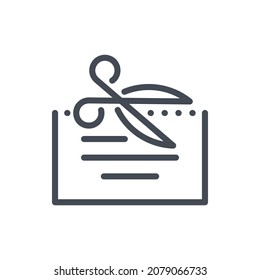 Icono de línea de cupón de descuento. Tijeras con signo de contorno vectorial de cupón.