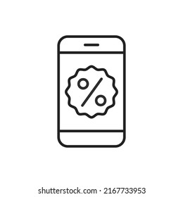 Discount or coupon on the phone screen icon. High quality black vector illustration.