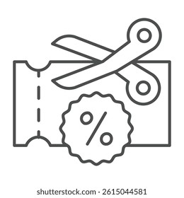 Discount coupon with percent and scissors thin line icon, black friday concept. Vector graphics. Price cut, halving price sign on white background, outline style icon for mobile or web design