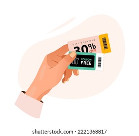 Un cupón de descuento en la mano de una persona. Ilustración vectorial aislada en un fondo blanco.