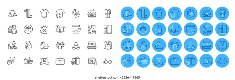 Discount coupon, Sale gift and Dirty t-shirt line icons pack. Discounts ribbon, Online shopping, Buyer think web icon. Suit, Wallet, Balcony pictogram. T-shirt, Discount tags, Scarf. Vector