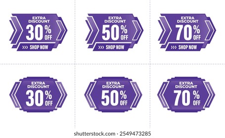 Discount Coupon Sale Label Icon Set, Special Offer, Big Sale, Extra Discount. Purple Label on White Background.