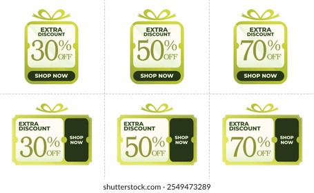 Discount Coupon Sale Label Icon Set, Special Offer, Big Sale, Extra Discount. Green Label Gift Box on White Background.