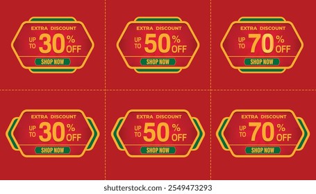 Discount Coupon Sale Label Icon Set, Special Offer, Big Sale, Extra Discount. Chinese New Year Themed Flat Design on Red Background.