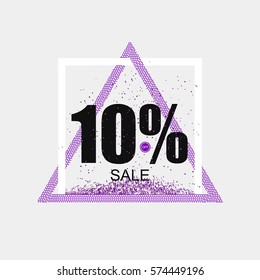 Discount coupon or the sale in a modern style. Triangular purple frame with confetti. Vector illustration