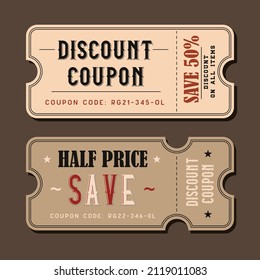 Discount Coupon, sale, voucher, tag. Vintage Style.