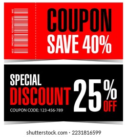 Discount coupon to save money. Special discount of 25 or 40 percent with this gift certificate or shopping voucher Vector illustration of promo discount leaflet, flyer or talon in flat style.