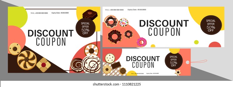 Discount coupon set on snacks, cookies, and doughnuts for bakeries or pastries stores. 