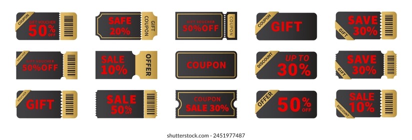 Rabatt-Coupon in Rot-Schwarz und Khaki-Farben. Verkauf oder Geschenkgutschein isoliert auf weißem Hintergrund