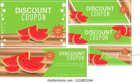 Discount coupon set with watermelon slices. Various size coupons or stickers. 