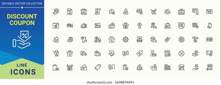 Discount Coupon simple icon set. It contains symbols to shopping, payment, commerce, business, gift, coupon. Discount vector line icon set. Icons for UI designs. Editable stroke. Vector collection.