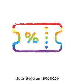 Discount coupon, simple ticket icon. Drawing sign with LGBT style, seven colors of rainbow (red, orange, yellow, green, blue, indigo, violet