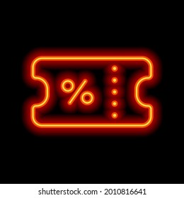 Discount coupon, simple ticket icon. Orange neon style on black background. Light linear icon with editable stroke
