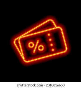 Discount coupon, simple ticket icon. Orange neon style on black background. Light linear icon with editable stroke