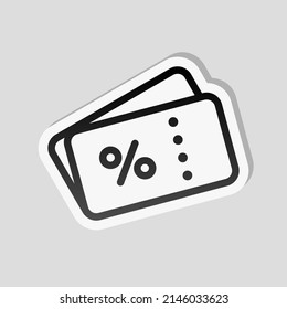 Discount coupon, simple ticket icon. Linear sticker, white border and simple shadow on gray background