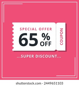 Discount coupon for special offer, super offer of 65% off. Discount banner vector illustration.