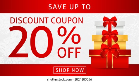 Discount coupon with stack of gift boxes bow (ribbon) and sale text: 20% off on red and white background. Holiday template useful for any promotion design, shopping sale card, voucher or gift card