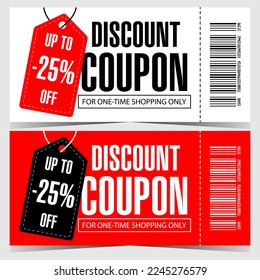 Discount coupon with tag or label indicating the percent of the price discount. Vector illustration in flat style in white, red and black colours for sale promotion and shopping season.