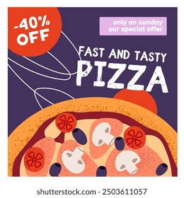 Discount coupon template of price off in Italian cuisine restaurant. Pizzeria gift voucher design. Flyer, card with special offer to fast food, sale of delicious pizza. Flat vector illustration