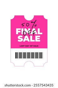 Discount coupon template with sale text. Concept voucher for final sale 50 off, special offer, big sale, best price, exclusive offer. Pink,white,black vector illustration on transparent background