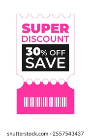 Discount coupon template with sale text. Concept voucher for special offer, super sale, best price, shopping cart, buy now. Pink,white,black vector illustration on transparent background