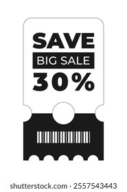 Discount coupon template with sale text. Concept voucher for big sale, special offer, promotion, advertising, exclusive offer. Black, white vector illustration on transparent background