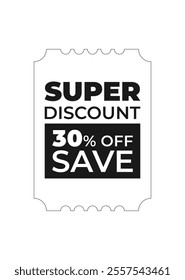 Discount coupon template with sale text. Concept voucher for super discount, promotion, online shopping, exclusive offer. Black, white vector illustration on transparent background