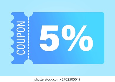 Discount coupon vector. Five percentage reduction. 5 percent savings. Light blue background.