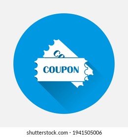 Icono del vector del cupón descuento en fondo azul. Imagen plana con sombra larga.