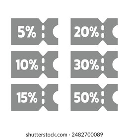 Discount coupon vector icon set. 5, 10, 20 percent off price voucher.